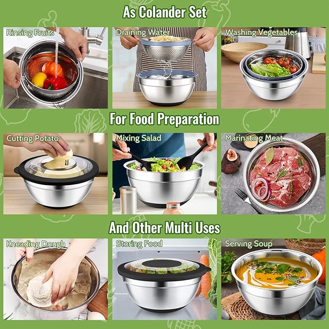 P&P CHEF 4-In-1 Stainless Steel Colander with Bowl Set, Rotatable Strainers for Kitchen, Fruit Cleaner, Washing Fruit & Draining Pasta, Mixing Bowl and Lid with Grater for Salad, Black