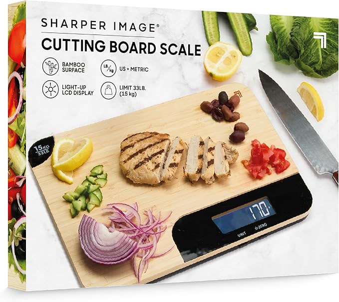 Sharper Image® Bamboo Wood Cutting Board & Food Scale – 33 lb Capacity, LCD Displays Grams & Oz| Kitchen Gadget Essential| Nutrition, Portion Control, Meal Prep, Baking, Dieting, Keto, Weight Loss