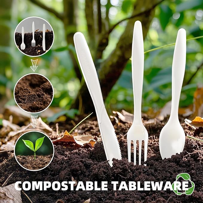 200 Count Biodegradable Cutlery Set Eco-Friendly Compostable Utensils Heavy Duty Disposable Silverware 75 Forks, 75 Spoons, 50 Knives for Parties Picnics Travel BBQ