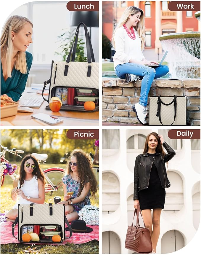 LOVEVOOK Lunch Tote Bag for Women, 15.6 Inch Laptop Bag with Insulated Lunch Compartment, Quilted Large Capacity Computer Handbag with Purse for Business, Work, Collage, Office, Casual, Beige-black