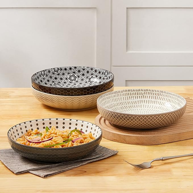 Signature Housewares 26 OZ Shallow Dinner Bowls/Deep Plates Perfect for Spaghetti and Salads - Set of 4 - Large Ceramic Bowls - Colorful Pasta Bowls - Set of 4, Multi-tone Neutral