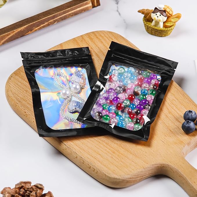 100 Pcs Holographic Bags Black Mylar Bags with Clear Window Packaging Bags for Food Storage Sealable Bags for Small Business(3×5Inch)