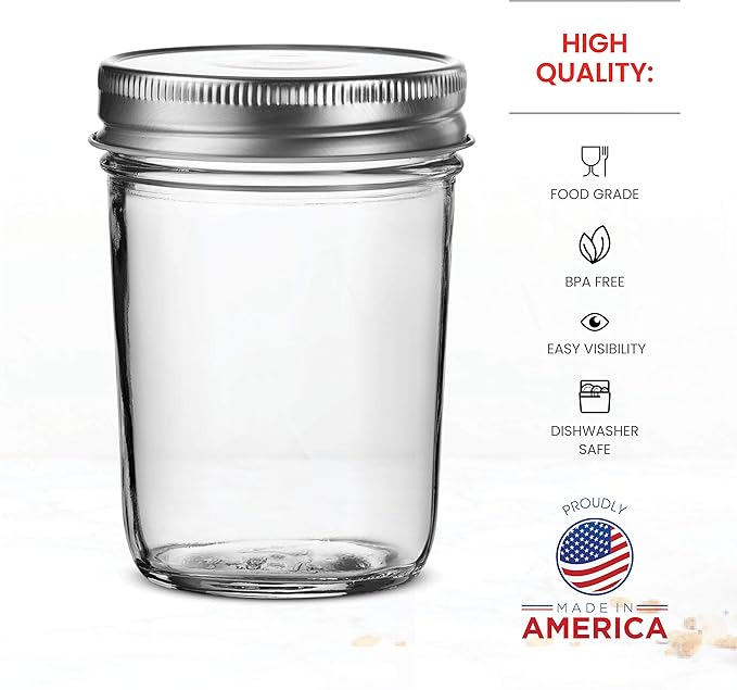 Paksh Novelty Glass Regular Mouth Mason Jars, 8 Oz Jars with Silver Metal Airtight Lids for Meal Prep, Dry Food Storage, Canning, Drinking, for Overnight Oats, Jelly, Spices, Salads, Yogurt (6 Pack)