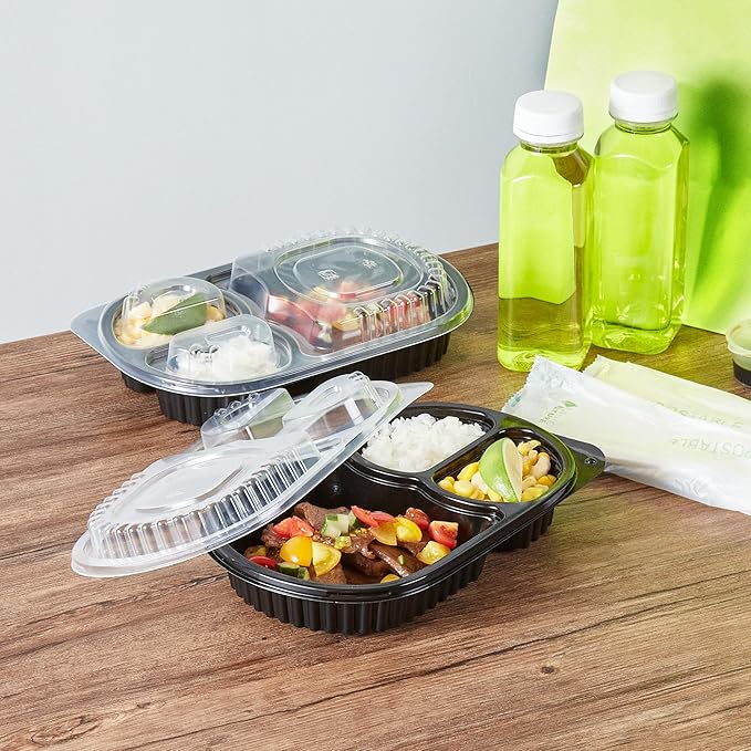 Restaurantware RW Base 19 Ounce Meal Prep Containers, 100 Microwavable To Go Containers With Lids - 3 Compartments, Disposable, Black Plastic Oval Food Containers, For Hot And Cold Food, Freezable