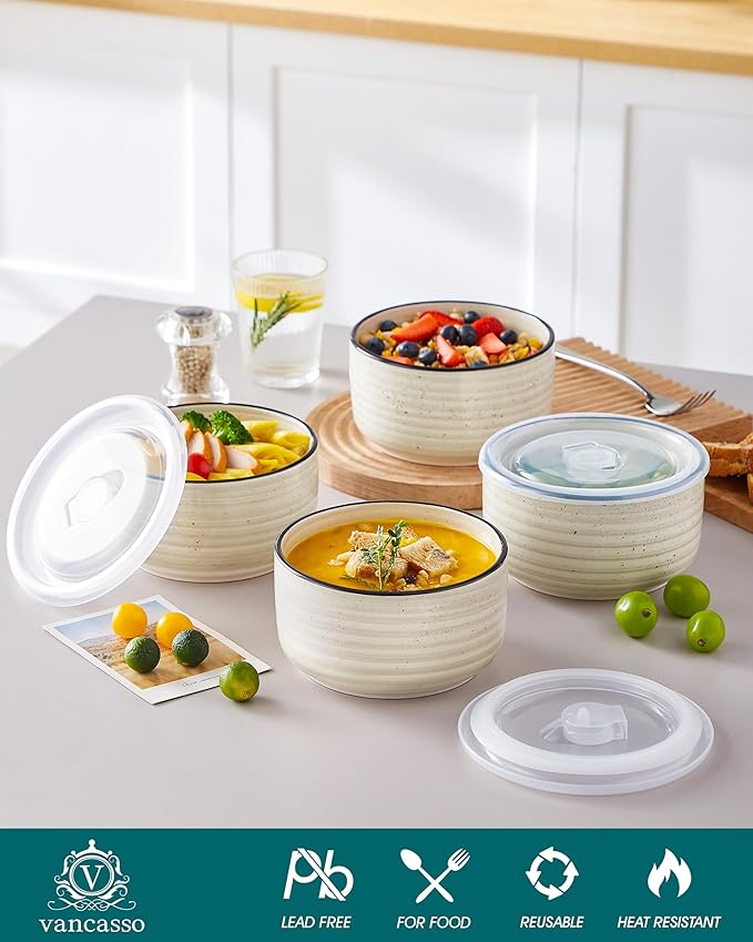 vancasso Bonbon Ceramic Bowls with Lids Set of 4, 36 oz Microwave Safe Soup Bowls, Airtight Food Storage Containers for Meal Prep, Salad, Cereal, Leftovers, Lunch, and Serving, Beige
