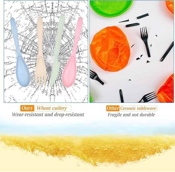 Knives Spoons and Forks Set, Wheat Straw Cutlery Set, Reusable Flatware Set for 4, Utensils for Party, Travel, Work, Picnic, Camping or Daily Use (1)