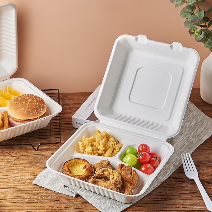 [9X9 3-Compartment 75-Pack Bio Natural Clamshell Take Out Food Containers with Lids, Disposable Bagasse Togo Plates, Eco-Friendly Biodegradable Made of Sugar Cane Fibers