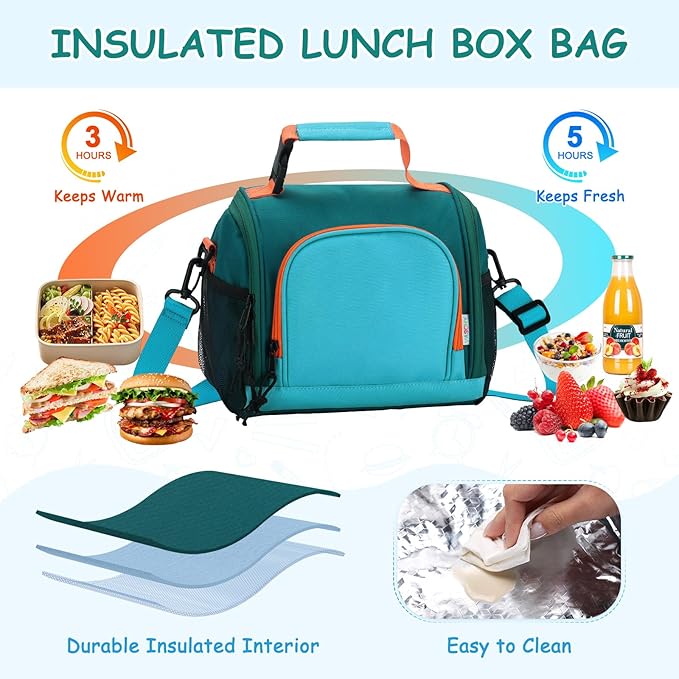 VASCHY Lunch Bag for Kids, Boys Cute Reusable Insulated Large Lunch Box Container for Children Daycare School Kindergarten Preschool Green