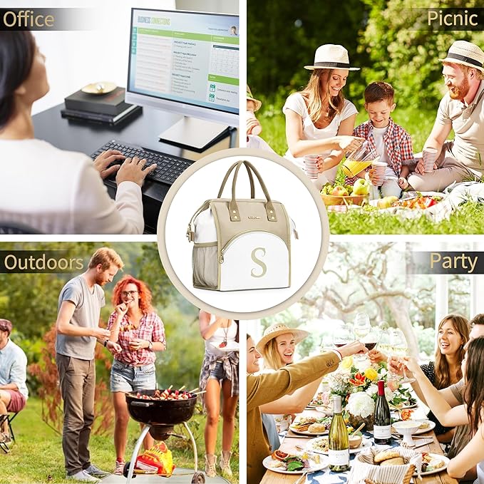 Personalized Lunch Box for Women, Reusable Insulated Lunch Bag, Wide-Open Adult Lunchbox Cooler Lunchbag Snack Organizer, Initial Leakproof Lunch Tote Bag for Picnic Work Outdoors, Q