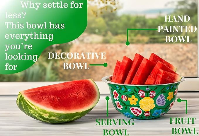 Large Hand Painted Stainless Steel Fruit Bowl - Decorative Floral for Salad Mixing and Serving - Traditional Kashmiri Art for Home Decor (Green.)