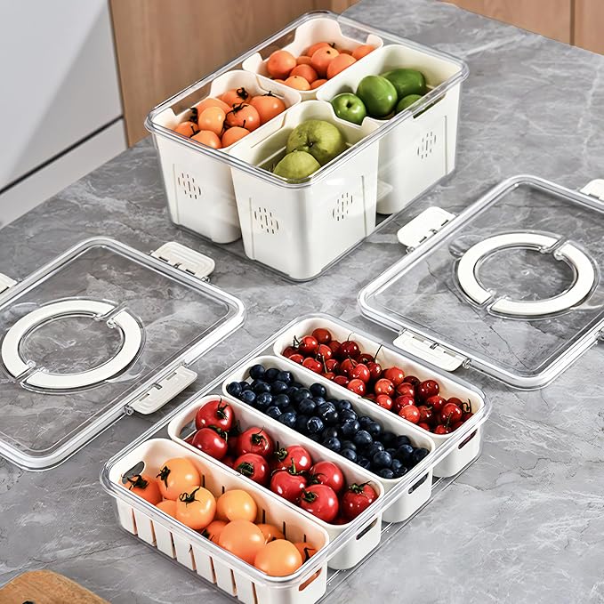 Eanpet Divided Veggie Tray with Lid and Handle 4 Compartment Serving Tray Portable Travel Snack Storage Containers Stackable Snackle Box Charcuterie Container for Fruit,Vegetable,Salad