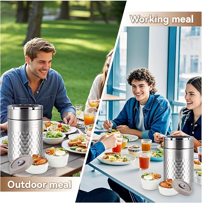 67 oz Adults Stainless Steel Vacuum Insulated Wide Mouth Soup Food Thermos Hot Food Jar with Keep Thermal Portable 3 Tier Stackable Bento Hot Food Containers Lunch Boxes (Silver)