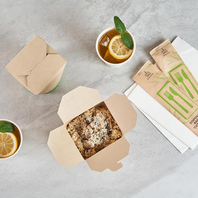 Restaurantware Sustain 32 Ounce Sturdy Paper Take Out Boxes, 200 Disposable Take Out Food Containers - With PLA lining, Compostable, Bamboo Paper Containers, Built-In Tab-Lock Cover, Greaseproof