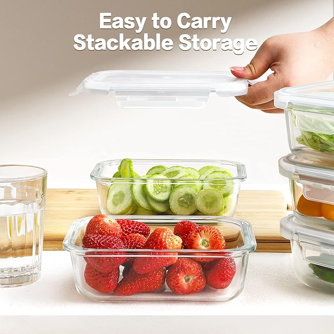 HOMBERKING 10 Pack 22oz Glass Meal Prep Containers, Glass Food Storage Containers with Lids, Airtight Glass Lunch Bento Boxes, BPA-Free & Leak Proof (10 lids & 10 Containers) - White