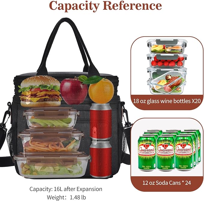 Lunch Box & Lunch Bag for Men Women, Large Insulated Adult Lunch Box Leakproof Lunchbox Cooler Bag for Work Picnic Beach,16L, Black