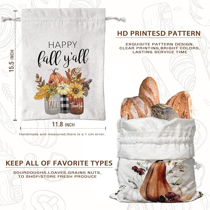 Pumplkin Autumn Beeswax Bread Bags for Sourdough Storage, Fall Linen Bread Bags for Homemade Breads Coth Reusable Large Breads Box, Fall Pumplkin Kitchen Decor Gifts for Baker 2Pcs 15.5×11.8