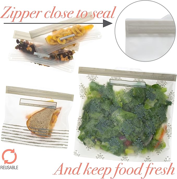 Kitchen Details 5 Piece Set Reusable Bags | 1 Gallon, 2 Sandwich and 2 Snack Sized | Airtight Zipper Seal | Leak Proof | BPA Free | Food Safe Material | Food Storage | Freezer Safe | Grey