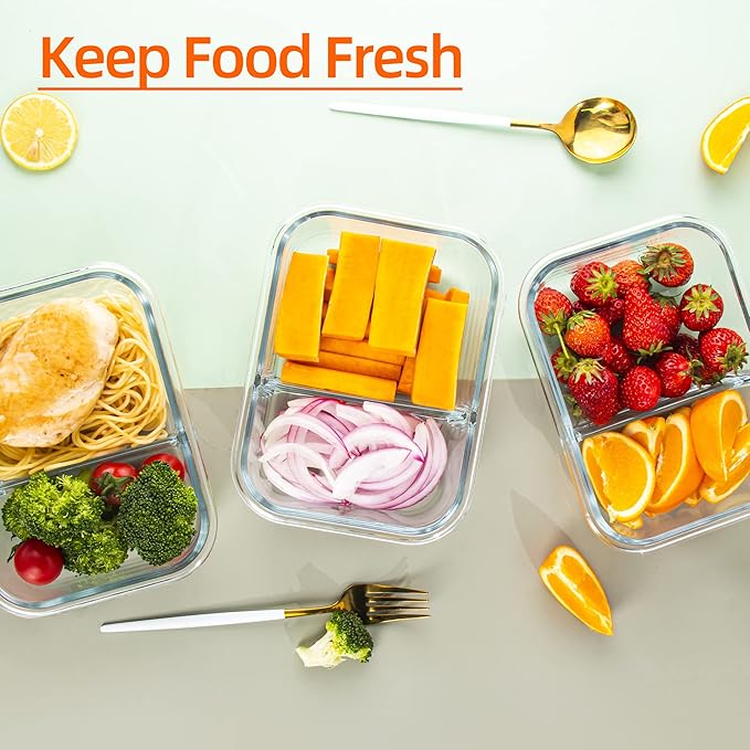 Glass Meal Prep Containers 2 Compartment with Lids (5 Pack, 34oz), Divided Glass Storage Containers for Lunch at Work, Leak-Proof Portion Control Food Containers, Microwave/Dishwasher Safe