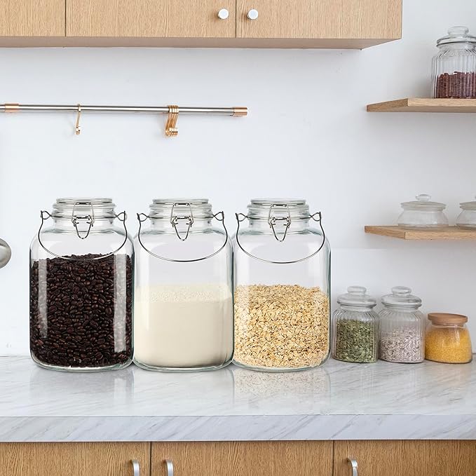 1 Gallon Glass Jar with Lid, 128oz Glass Jars with Airtight Lid Set of 2, Square Mason Jars, Large Storage Containers with Handle for Canning, Pasta, Flour, Sugar, Rice, Coffee Beans, Cereal