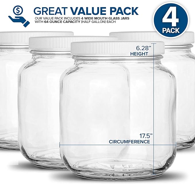 Stock Your Home 64 Oz Glass Jar with Plastic Airtight Lid (4 Pack) - Half Gallon Mason Jar for pickling, fermentation, brewing, food storage