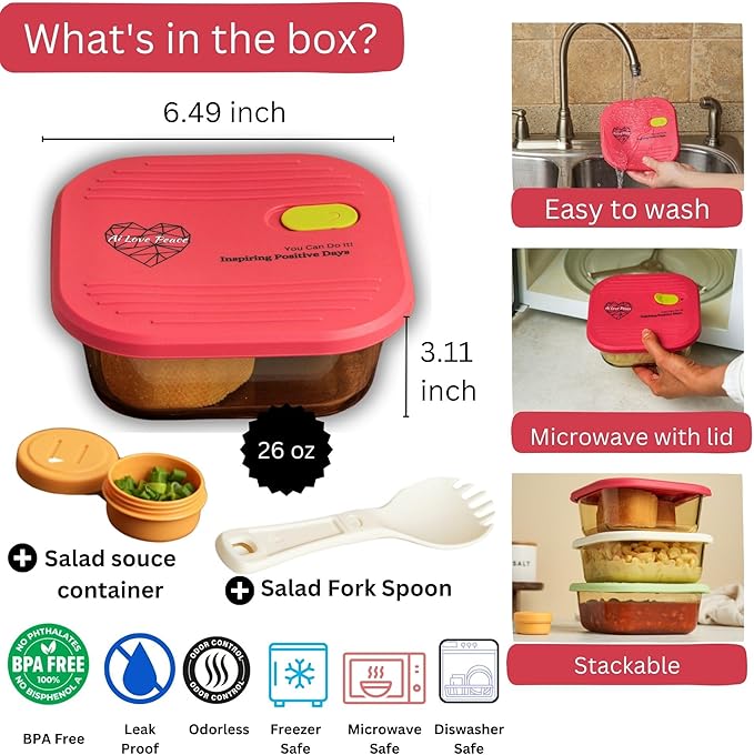 AI LOVE PEACE Glass Lunch Containers for Women Adults, Microwave Safe Glass Lunch Box, Leak Proof BPA-Free, Durable, Built-in Vent - Ideal for Meal Prep & On-the-Go Lunches (red)