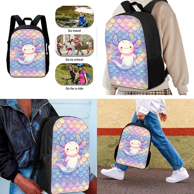Dolyues Scale Cute Axolotl Cute Kids Backpack Set with Lunch Box & Pencil Case - 3-Piece School Bag for Primary Girls - Stylish Handbag & Pen Bag Included