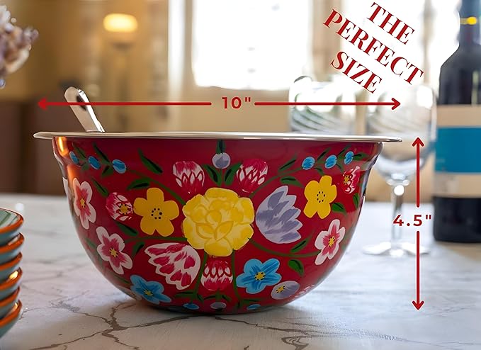 Large Hand Painted Stainless Steel Fruit Bowl - Decorative Floral for Salad Mixing and Serving - Traditional Kashmiri Art for Home Decor (Red)