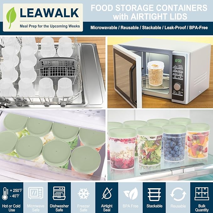 32 oz -12 Pack Reusable Food Freezer Storage Containers with Lids BPA Free, Twist Top Deli Container, Leak Proof, Stackable, Microwave and Dishwasher Safe-Elegant Green