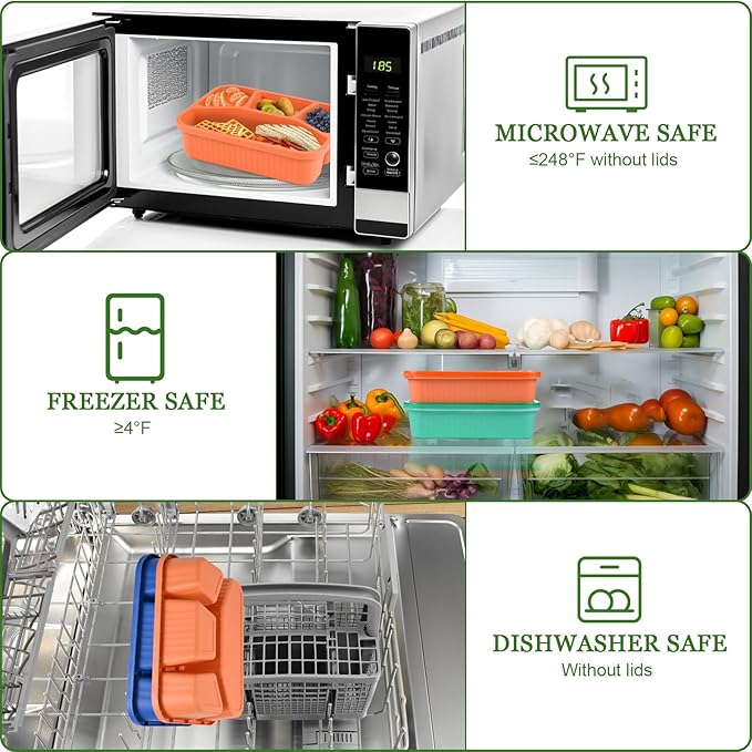 8 Pack Bento Box Lunch Boxes for Adults, 4 Compartment Meal Prep Containers with Lids, Reusable Bento Box Snack Containers for Work, Travel, Picnic, Microwave & Dishwasher Safe
