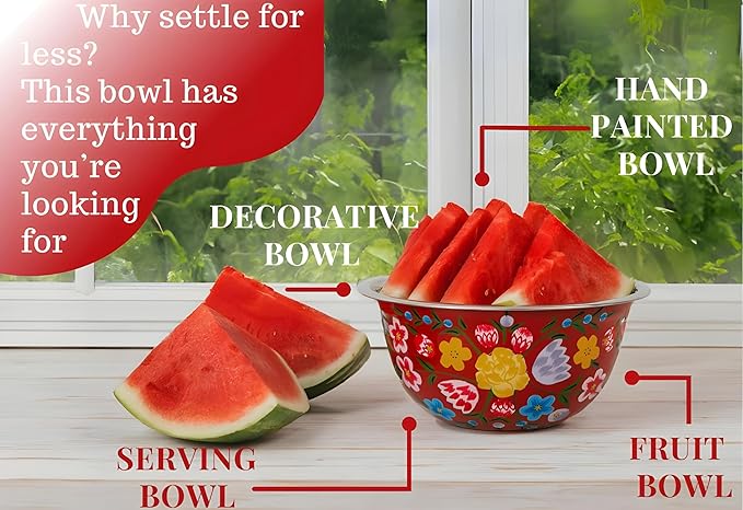 Large Hand Painted Stainless Steel Fruit Bowl - Decorative Floral for Salad Mixing and Serving - Traditional Kashmiri Art for Home Decor (Red)