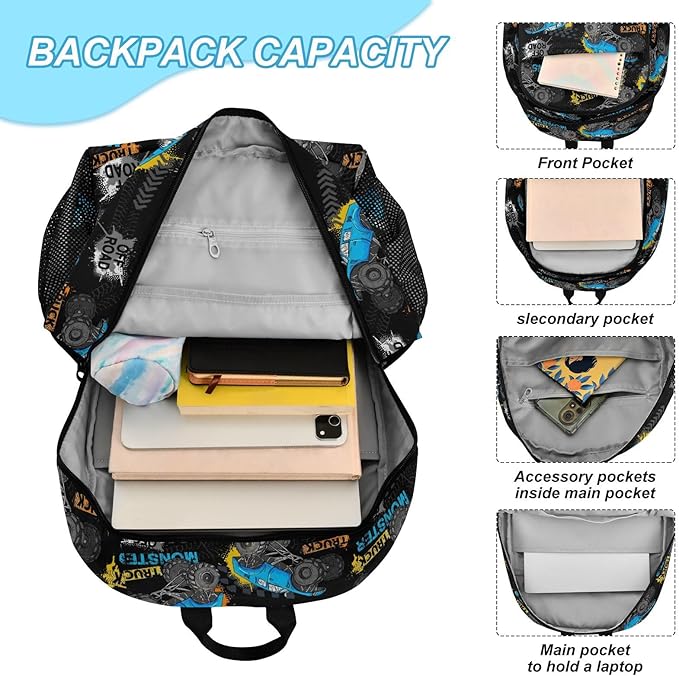 Emelivor Monster Truck Tires Kids Backpack for Girls Boys School Bookbag with Insulated Lunch Box for Preschool Primary School Backpack Set