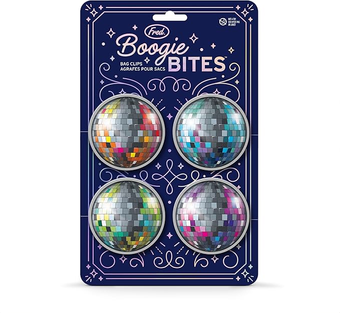 Genuine Fred BOOGIE BITES, Disco Ball Bag Clips, Set of 4, Set of 4 Groovy Spring-Loaded Clips for Fresh Snacks, Metallic Printed Graphics, Fun Food Storage Clips, Fun Kitchen Accessories