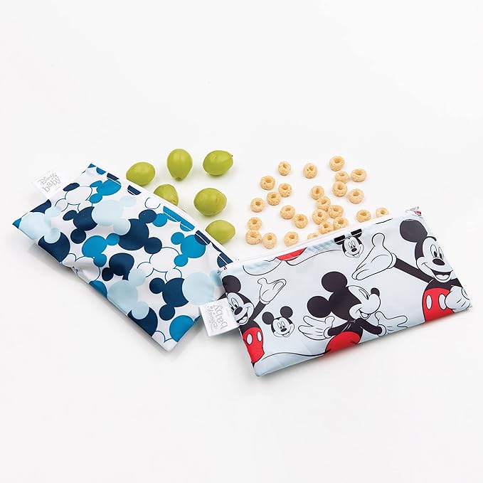 Bumkins Disney Reusable Snack Bags, for Kids School Lunch and for Adults Portion, Washable Fabric, Waterproof Cloth Zip Bag, Supplies Travel Pouch, Food-Safe, 2-pk Mickey Mouse Classic