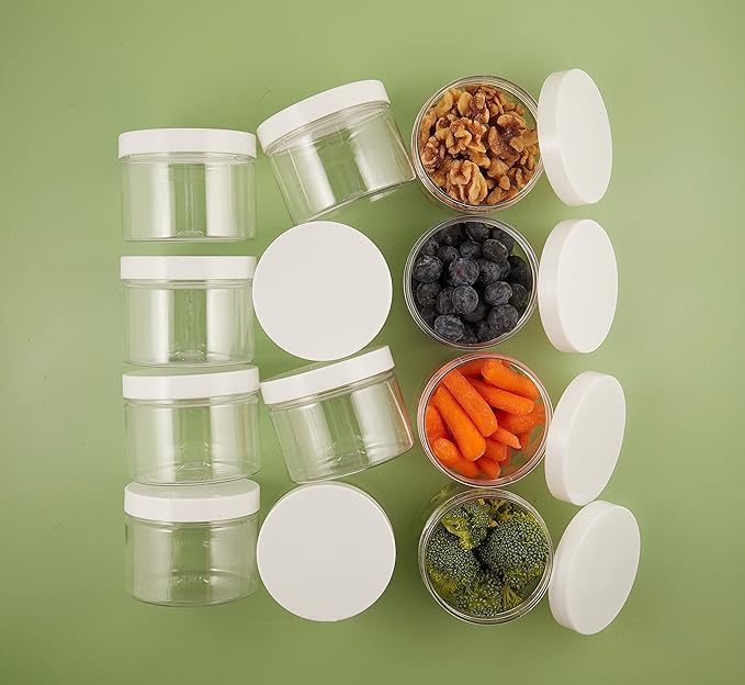 4oz Plastic Jars with Lids - Small Clear Jars with Lids - Lotion Containers with Lids | 4 oz Plastic Mason Jars with lids | Cream and Cosmetic Jars (12 pack) (White)
