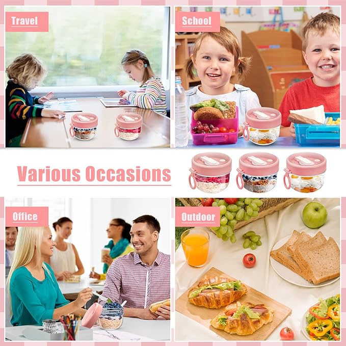 4 Pcs Overnight Oats Container with Lids and Spoons, 20 oz Plastic Overnight Oats Jars Large Capacity Airtight Yogurt Container for Milk, Fruit, Cereal and Salad Storage (Pink)