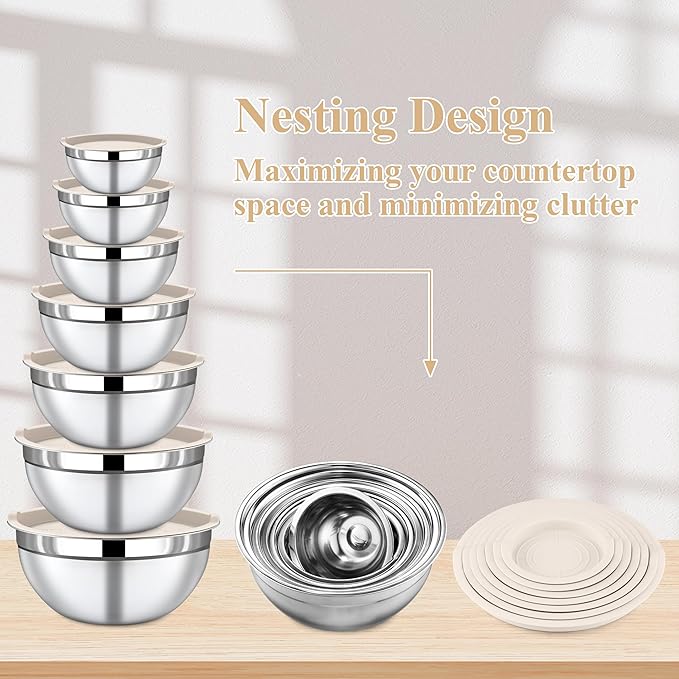 Mixing Bowls with Lids Set, 7 Piece Khaki Nesting Stainless Steel Mixing Bowls for Kitchen, Sizes 4.5, 4, 3.5, 2.1, 1.5, 1.1, 0.7 Qt for Baking, Cooking and Serving, Dishwasher Safe