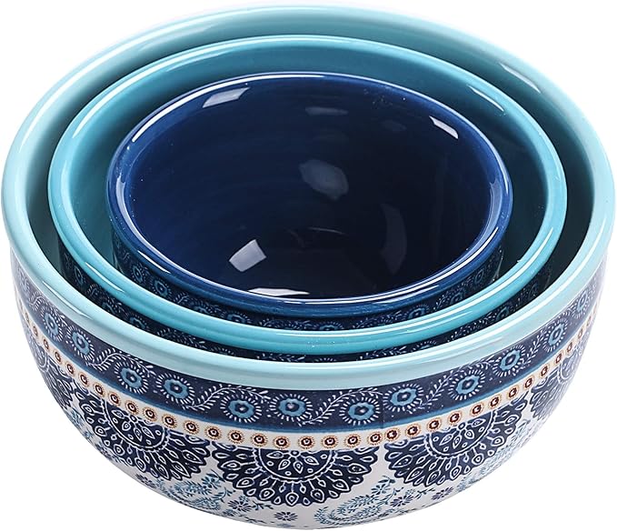 Bico Blue Talavera Ceramic Bowl with Air Tight Lid Set of 3(27oz, 18oz, 9oz each), Prep bowls, Food Storage Bowl for Salad, Snacks, Fruits, Microwave and Dishwasher Safe