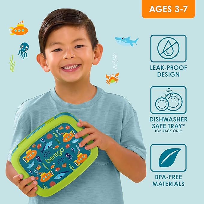Bentgo Kids Prints Leak-Proof, 5-Compartment Bento-Style Kids Lunch Box - Ideal Portion Sizes for Ages 3-7, Durable, Drop-Proof, Dishwasher Safe, & Made with BPA-Free Materials (Submarine)
