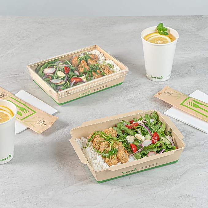 Restaurantware-Sustain 34 Ounce Sturdy Paper Take Out Boxes, 200 Disposable Take Out Food Containers - With PLA lining, Lids Sold Separately, Bamboo Paper Containers, Compostable, Click-Lock Design