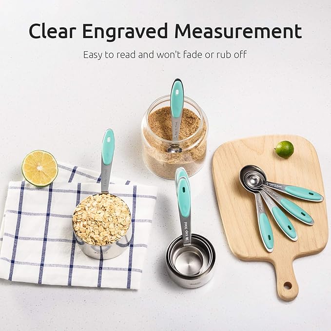 U-Taste 18/8 Stainless Steel Measuring Cups and Spoons (Set of 10, Aqua Sky), and 600ºF Heat Resistant Silicone Turners, 13.6in Long Solid & Slotted Kitchen Spatula (Aqua Sky)