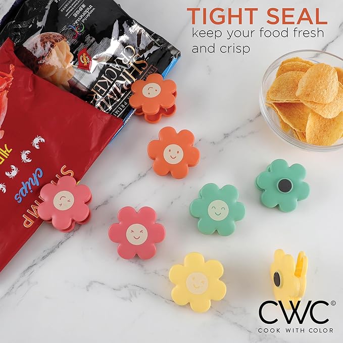 COOK WITH COLOR Cute Bag Clips - Magnetic Snack Clips for Airtight Food Storage, Bright Flowers, Pack of 8