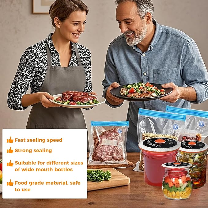 LAUDTEC 2-in-1 Handheld Vacuum Sealer for Food Storage Bags and Mason Jars (Vacuum Sealer + 20 Reusable Storage Bags + 4 Reusable Wide Mouth Jar Lids)