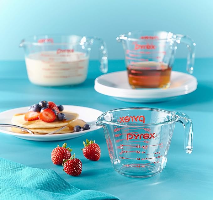 Pyrex Simply Store 6-Pc Glass Food Storage Container Set with Lids, 3-Cup, 6-Cup, & 11-Cup Rectangular & 3 Piece Glass Measuring Cup Set, Includes 1-Cup, 2-Cup, and 4-Cup Tempered Glass