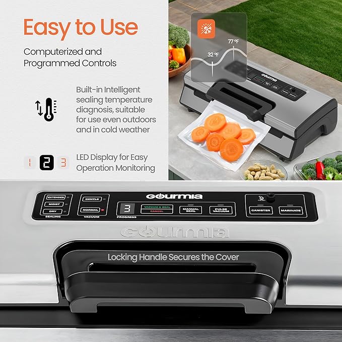 Food Vacuum Sealer Machine | High Vacuum Speed at 15 L/minute | Compact & Portable Vacuum Sealer for Food | Built-in Cutter & Roll Bag Storage | Food Bag Sealer with Stainless Steel Cover | Gourmia