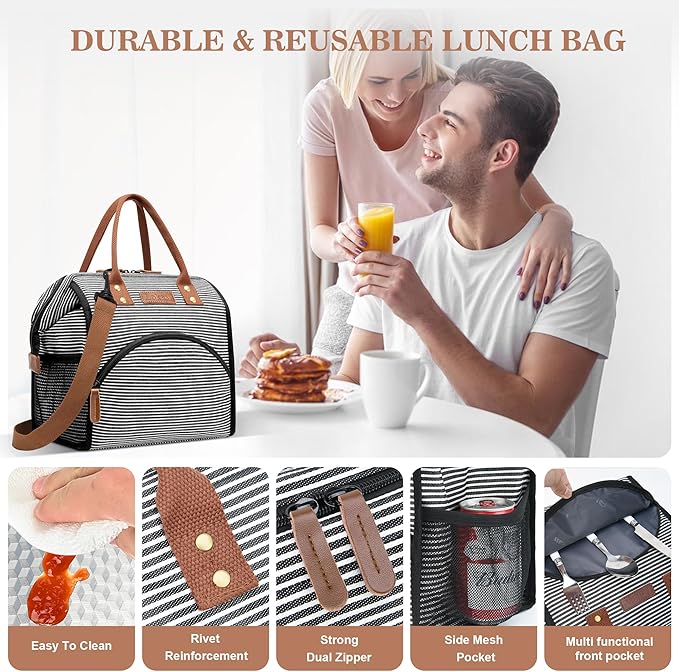 LOKASS Lunch Bag Insulated Lunch Box Wide-Open Lunch Tote Bag with Removable Shoulder Strap for Women/Men Adults Work Picnic Hiking Beach Fishing(Stripes)