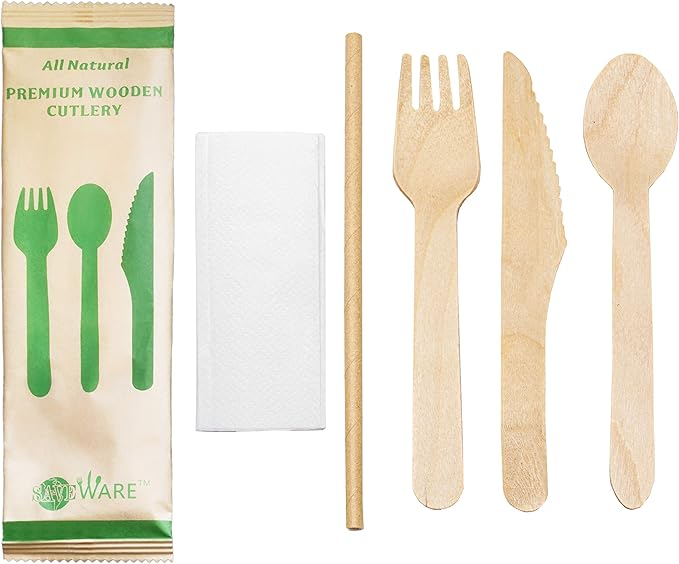 Disposable Wooden Cutlery Set – 50 Set Combo Pack Camping Utensils (Fork, Knife, Spoon, Paper Straw and Napkin) Compostable Birch Wood Bio Degradable Alternative to Plastic Spoons for Camping Picnic