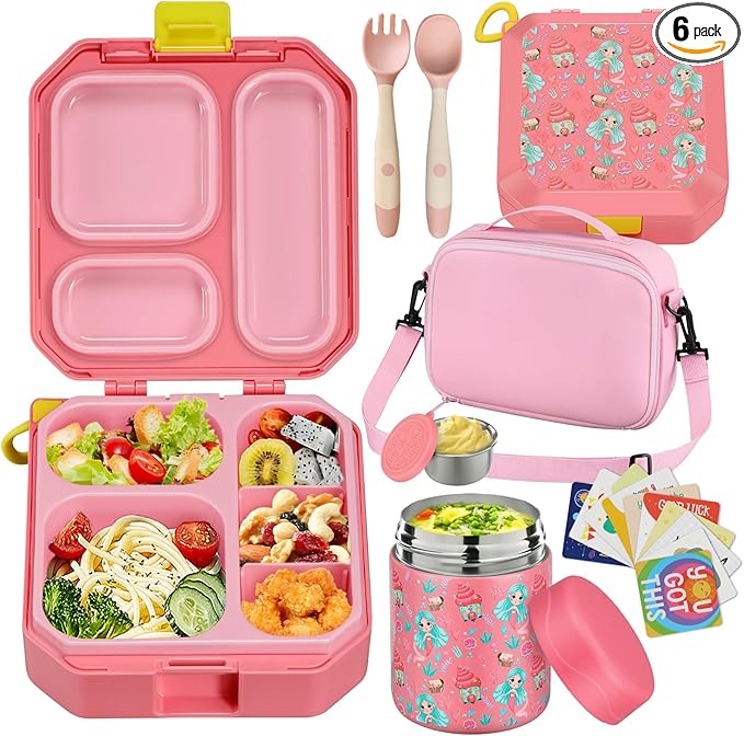 Bento Lunch Box for Kids with 12oz Soup Thermo Leak-Proof Lunch Food Container with 5 Compartment Thermo Hot Food Jar and Insulated Lunch Bag for Kid Toddler Girls Boys to School