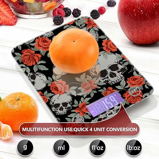 Food Scale Kitchen Digital Scale Food Ounces and Grams Dieting Baking Cooking Waterproof Glass Panels LCD Display,4 Units Scale Tare Function Red Rose Skull