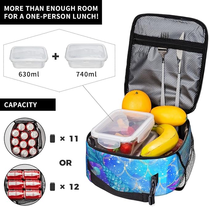 YETTA YANG Mermaid Tail Galaxy Blue Colorful Portable Lunch Bag Insulated Lunch Box Reusable Totes For Women Men Work Picnic Camping