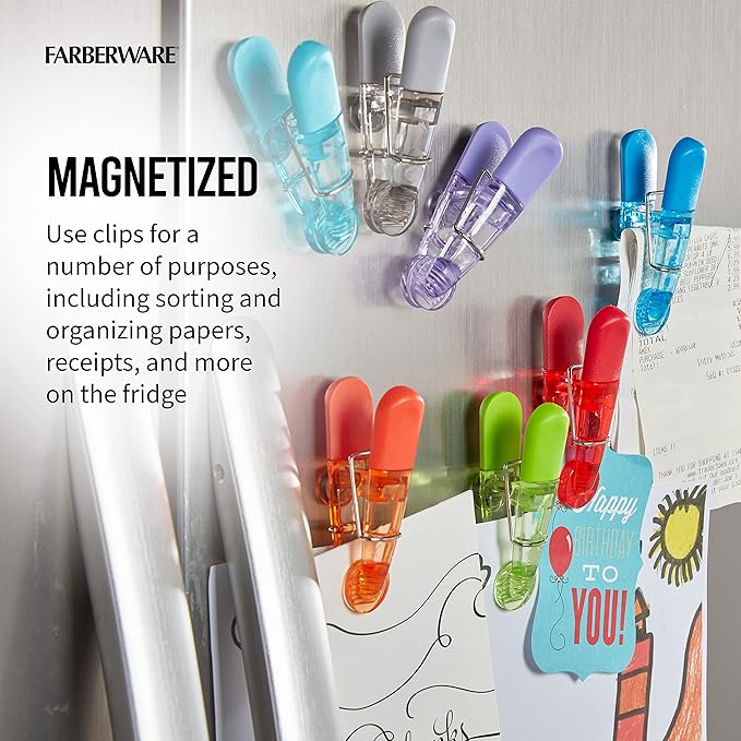 Farberware Colourworks Set of 15 Multipurpose Clips Food Saving Chip Bag Sealers with Magnetic Backs, 16 Pack, Assorted Translucent Colors